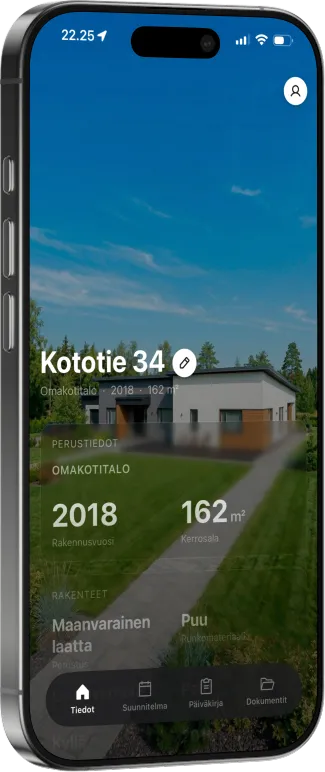 Kodin huoltokirja Koto, etusivu mobiilisovelluksessa