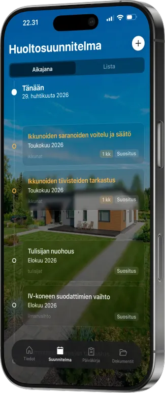 Kodin huoltokirja Koto, räätälöity huoltosuunnitelma aikajanalla